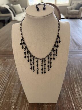 Black Fringe Drop Necklace and Earring Set - Women's Jewelry